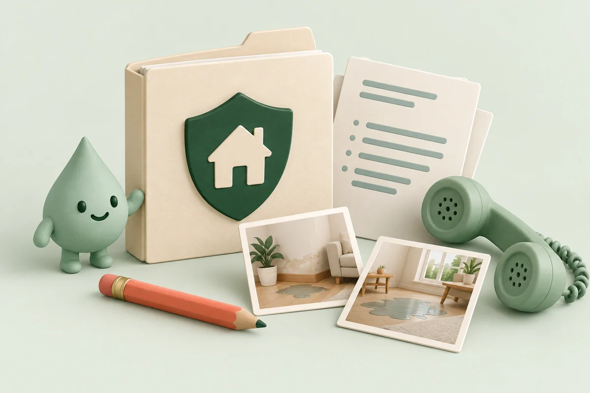 Dossier, photos et téléphone pour préparer un contact avec l’assurance, illustration.
