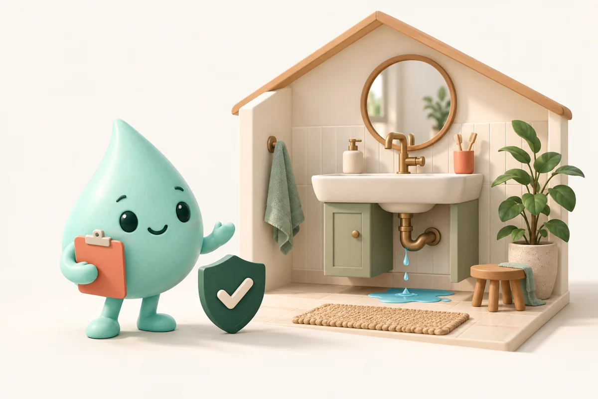 Une petite goutte accompagne les premiers pas autour d’une fuite sous un lavabo, illustration.